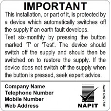 100 Swift SN7273P NAPIT Six Monthly Test Labels Personalised